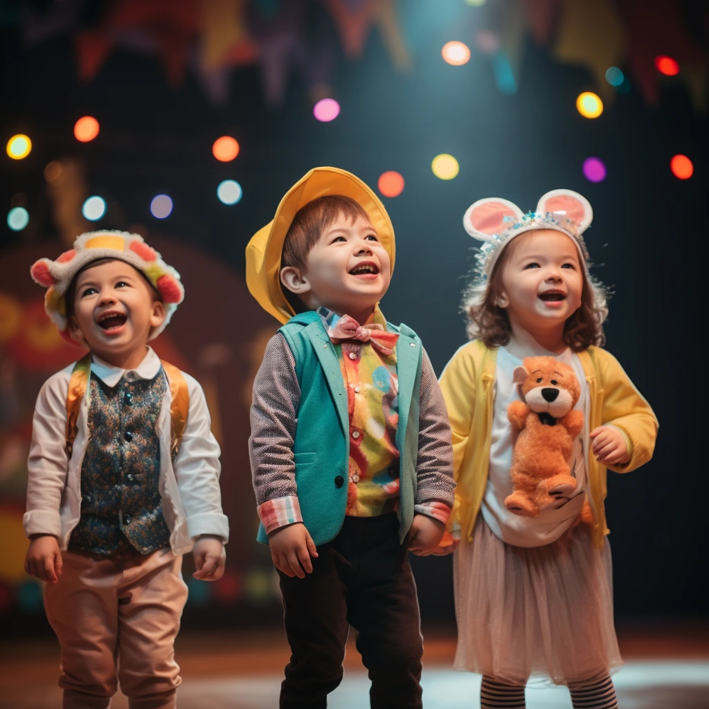 Three kids on stage with colorful clothing, smiling