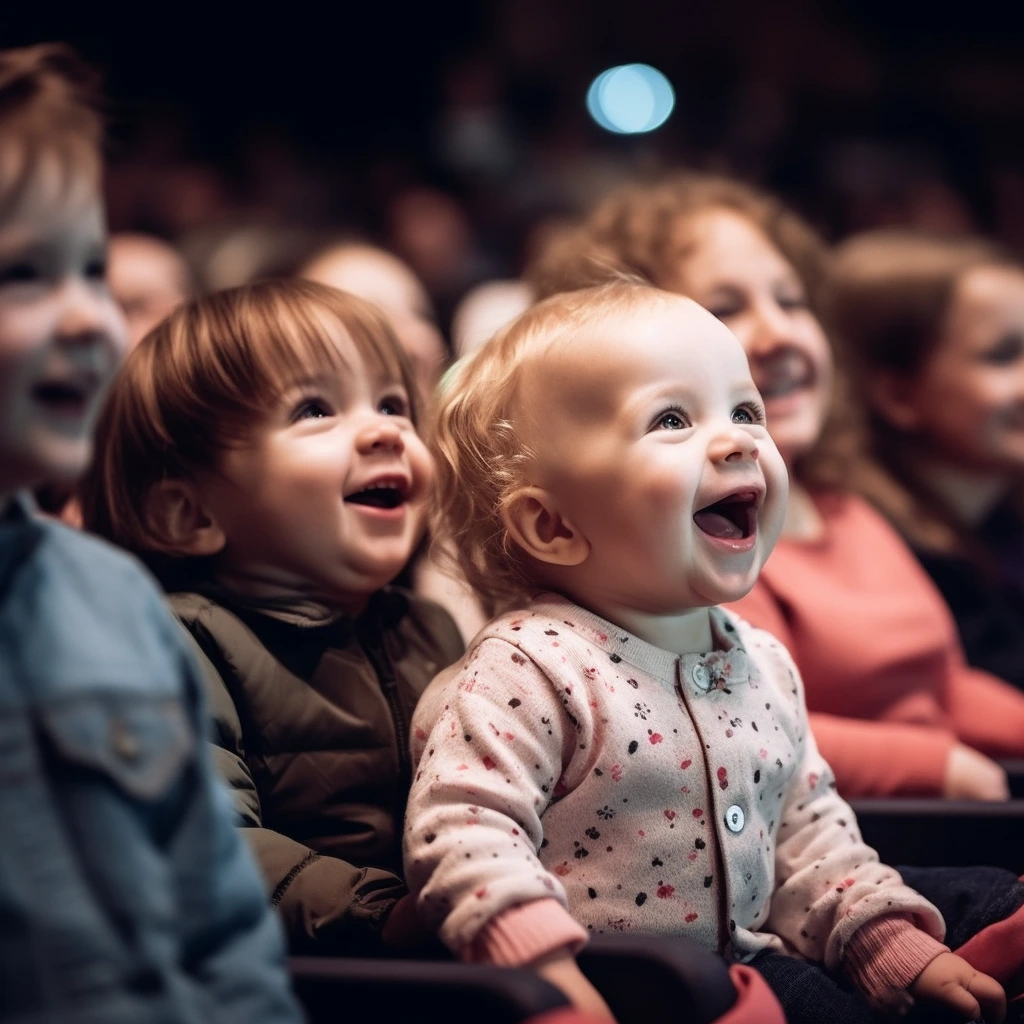 Kids from the public looking at a show and smiling