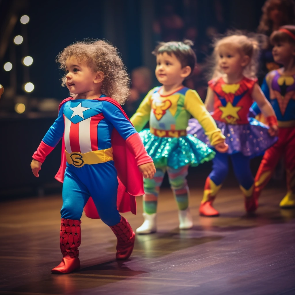 Toddlers walking on the stage in superhero costumes