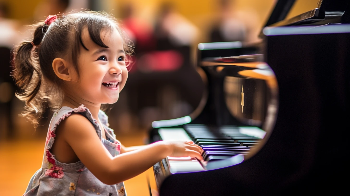 Little girl playing the piano, smiling