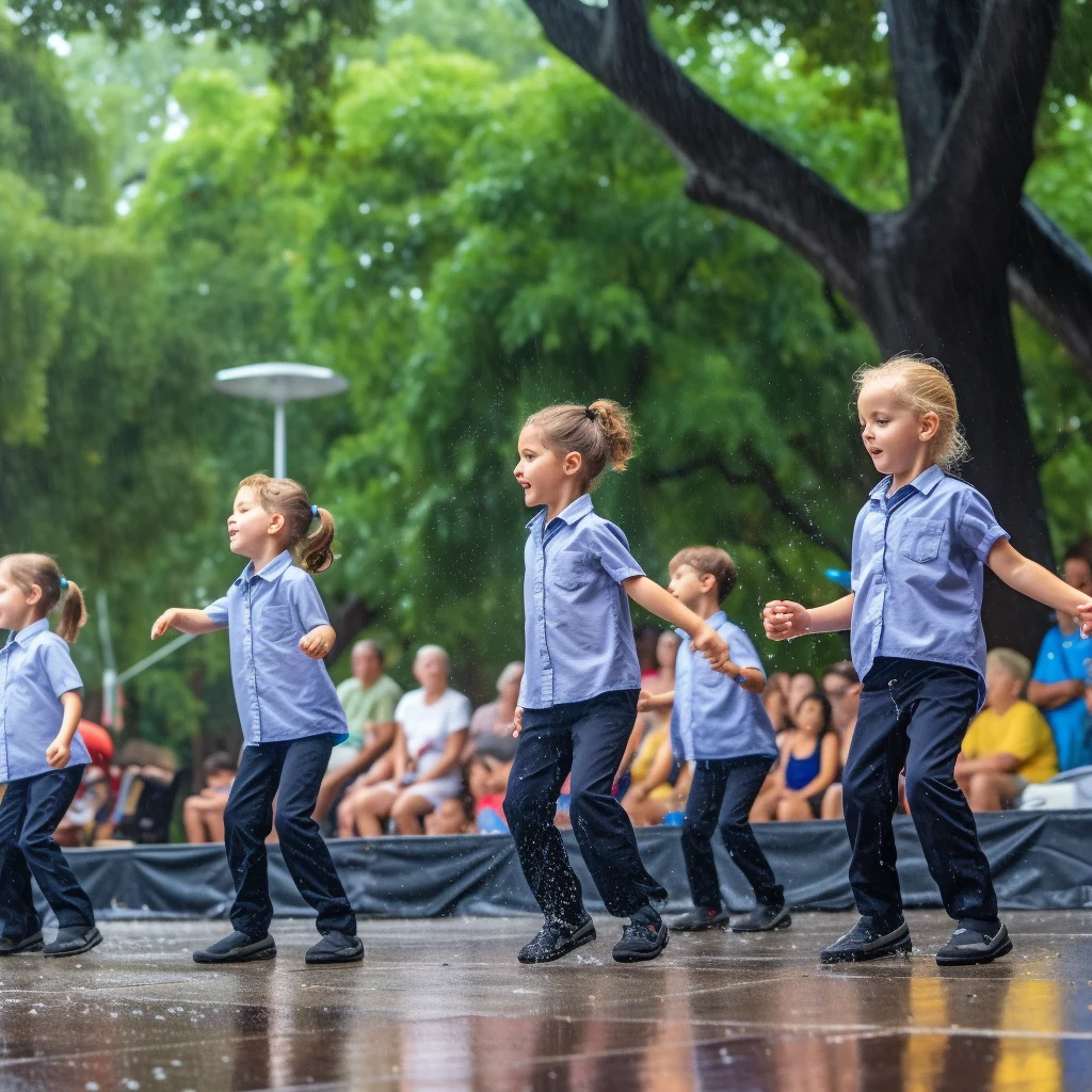 Group of kids dancing on stage in a park