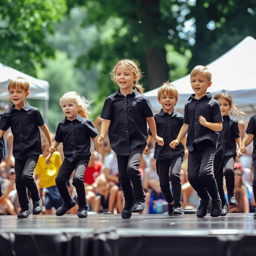 Kids dressed in black dancing on stage in a park